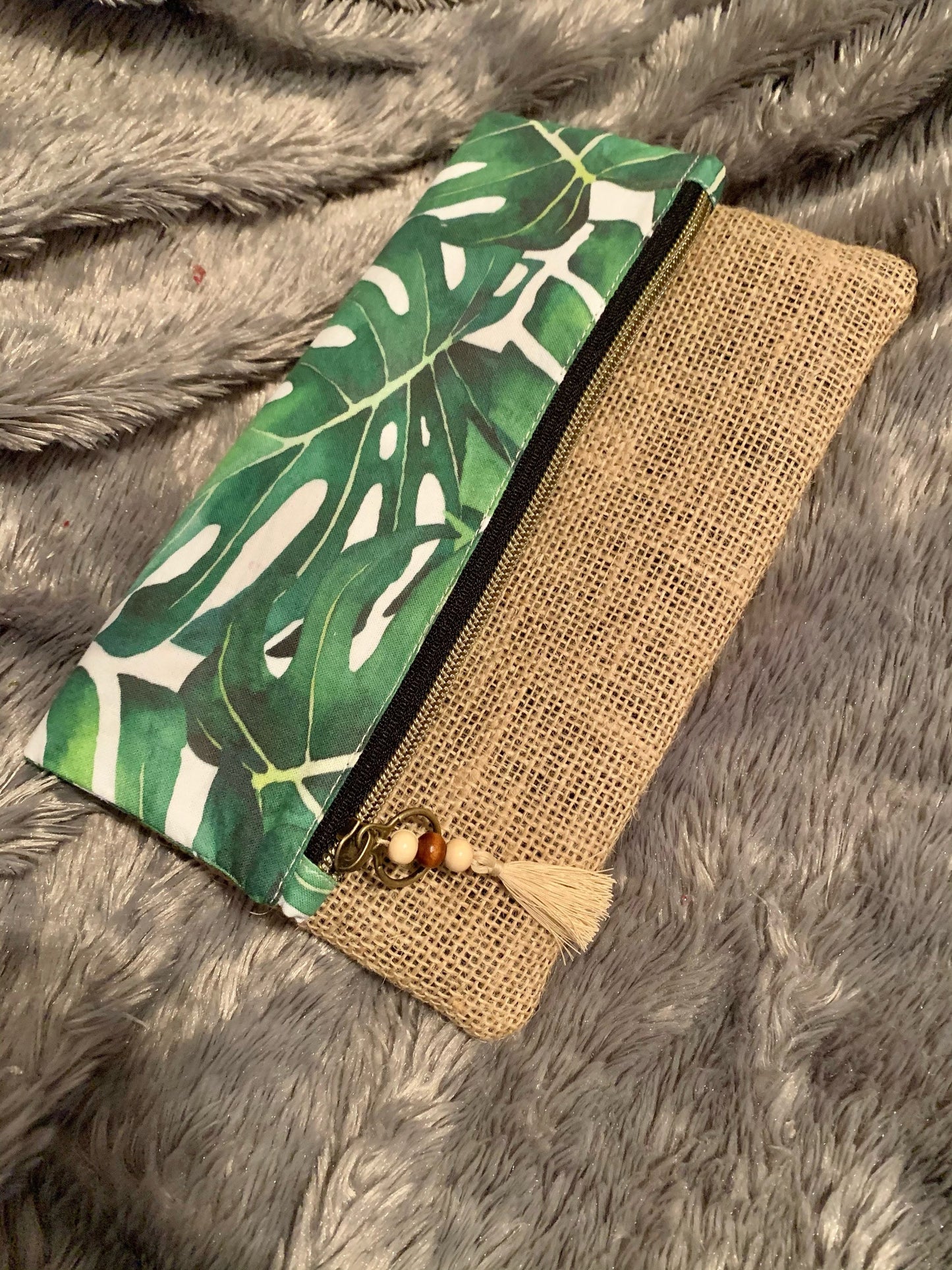 Monstera Leafy clutch boho with burlap 9” x 9” fully open, 5.5” x 9” folded. Purse bag is custom made! In USA.