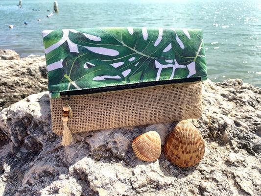 Monstera Leafy clutch boho with burlap 9” x 9” fully open, 5.5” x 9” folded. Purse bag is custom made! In USA.