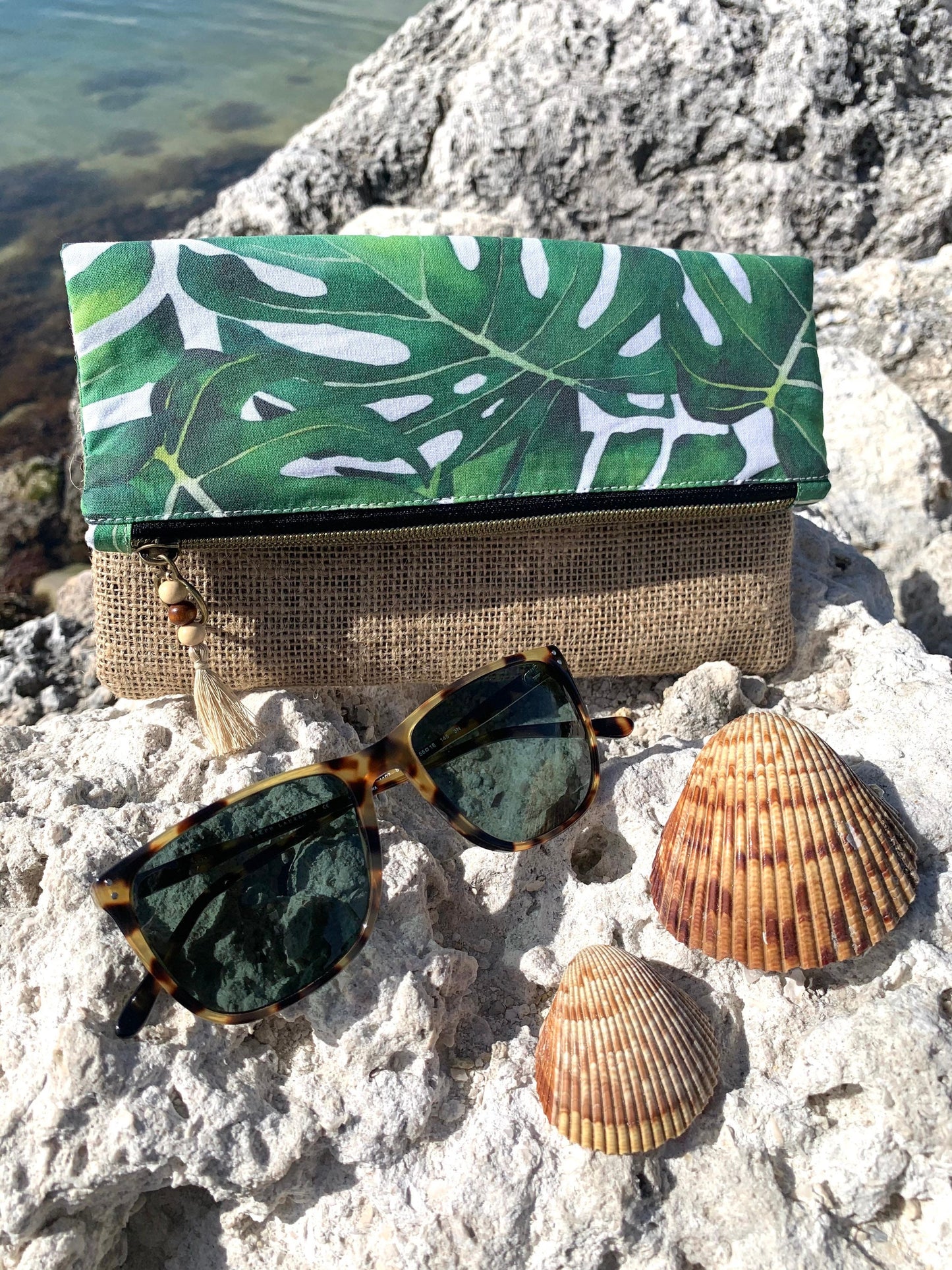 Monstera Leafy clutch boho with burlap 9” x 9” fully open, 5.5” x 9” folded. Purse bag is custom made! In USA.