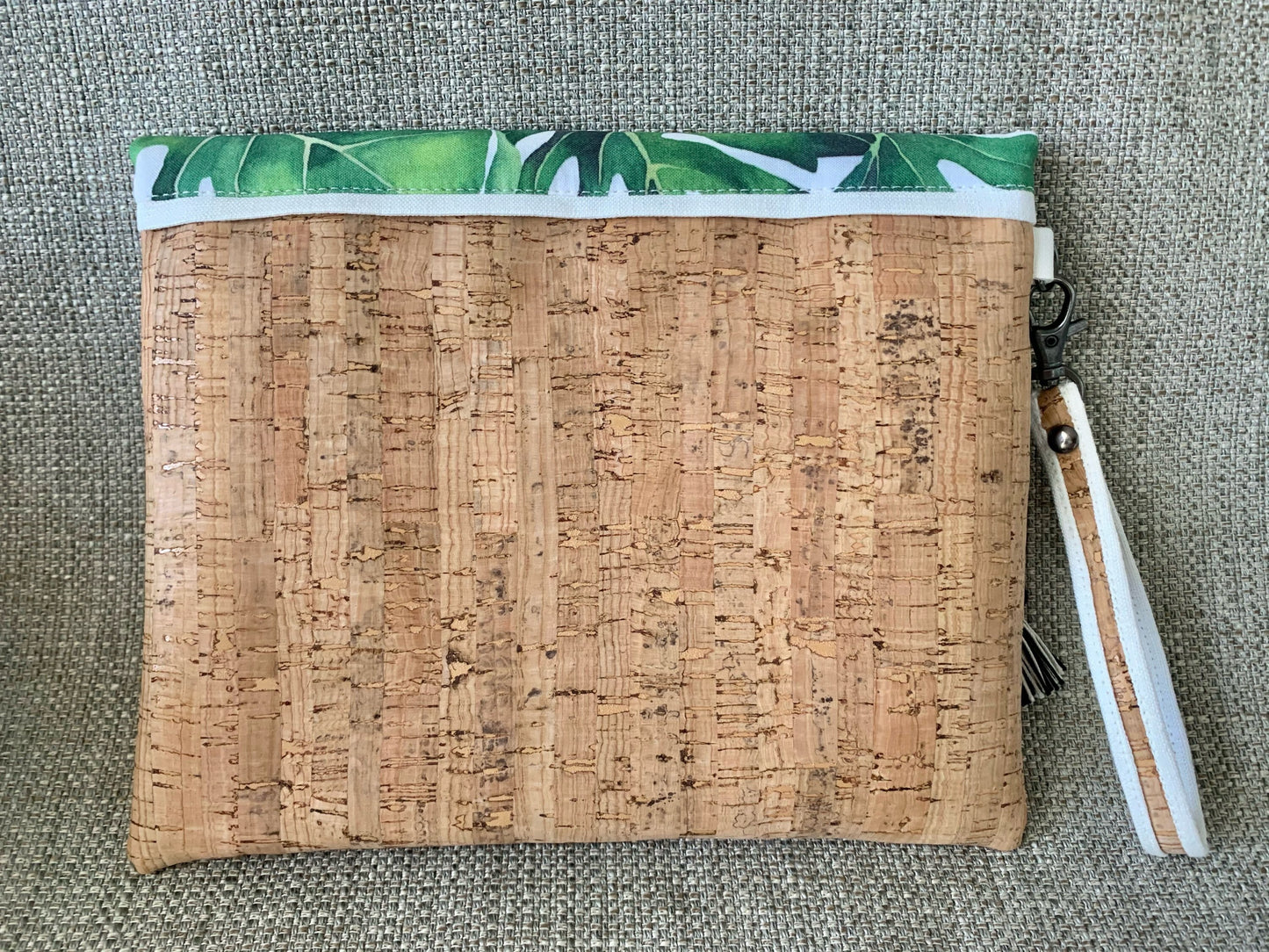 Monstera leaf / cork clutch with wristlet, custom made in USA