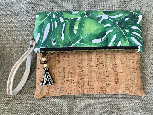 Monstera leaf / cork clutch with wristlet, custom made in USA