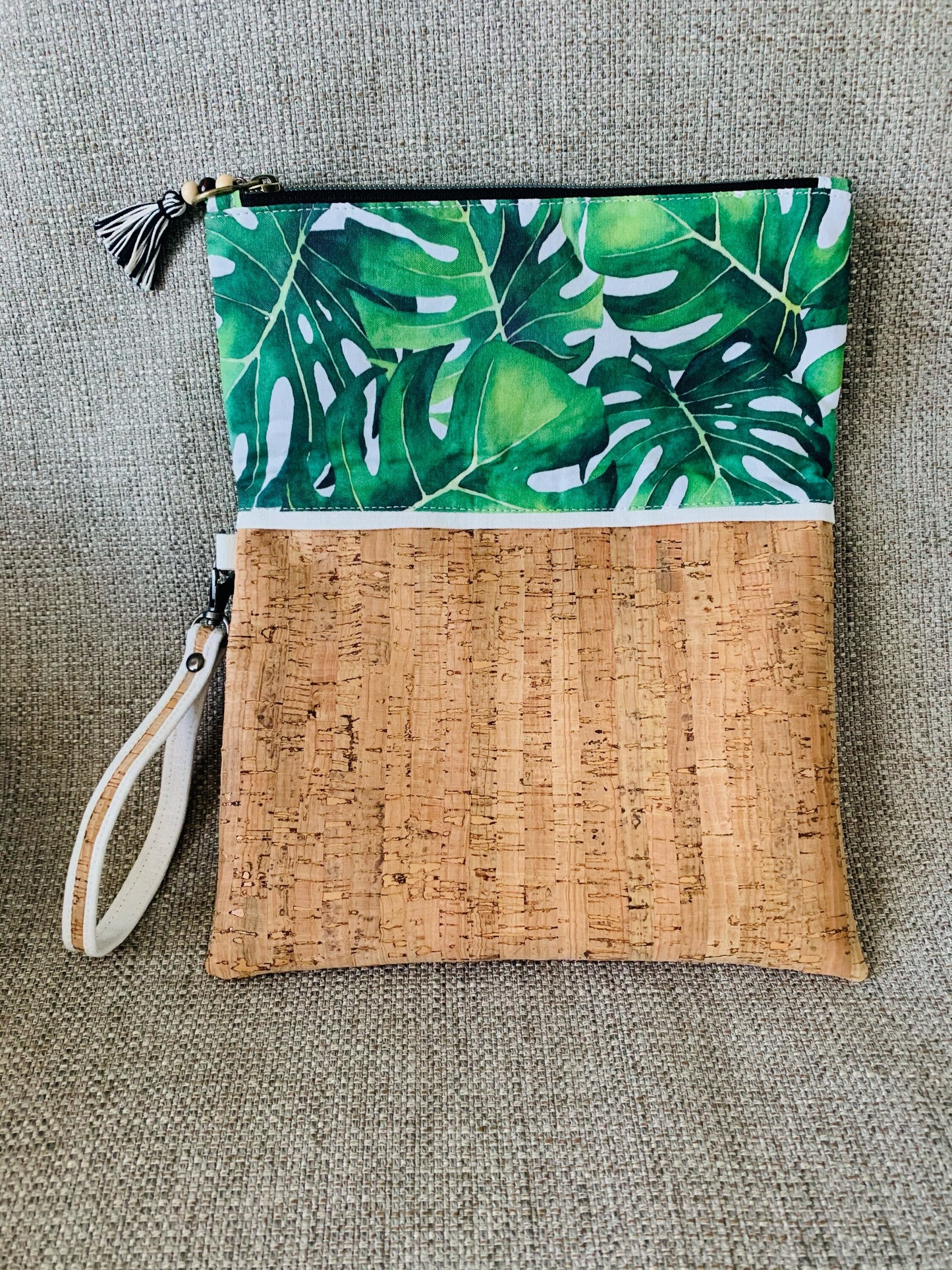 Monstera leaf / cork clutch with wristlet, custom made in USA