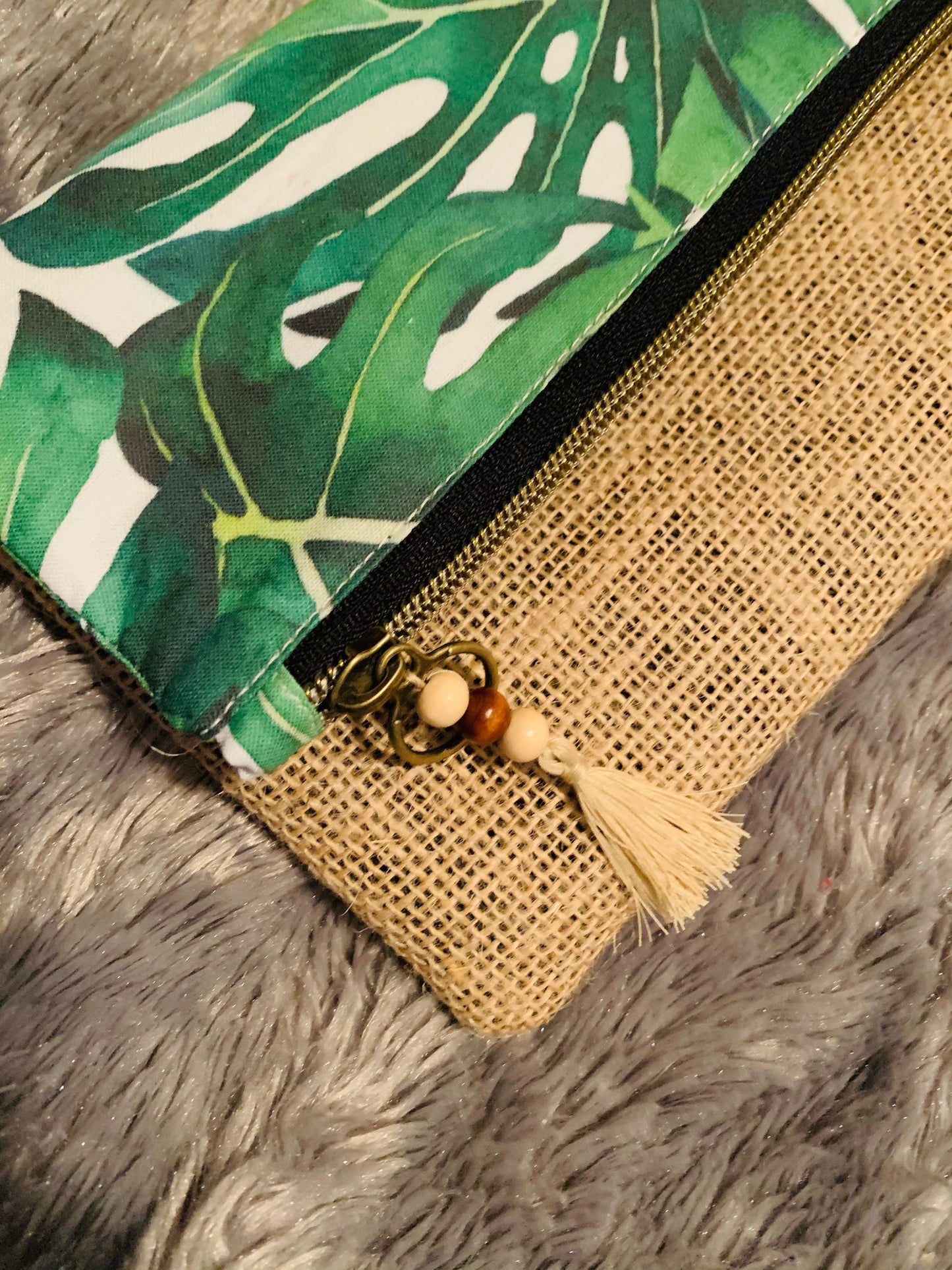 Monstera Leafy clutch boho with burlap 9” x 9” fully open, 5.5” x 9” folded. Purse bag is custom made! In USA.