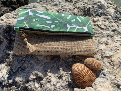 Monstera Leafy clutch boho with burlap 9” x 9” fully open, 5.5” x 9” folded. Purse bag is custom made! In USA.