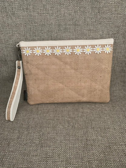 Burlap Harlequin design clutch with Ivory fabric with Daisy trim with wristlet