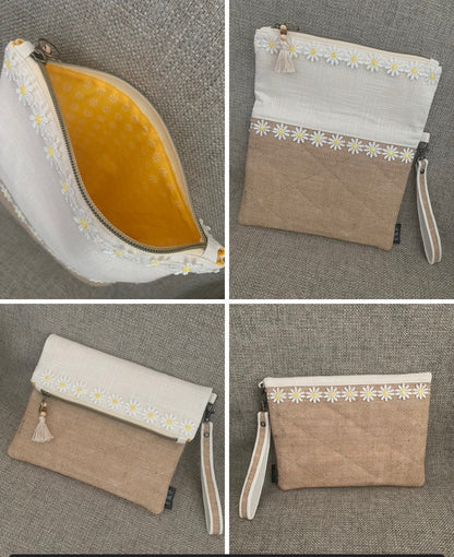 Burlap Harlequin design clutch with Ivory fabric with Daisy trim with wristlet