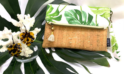 Monstera leaf bag with cork/ gold clutch handbag tote with wristlet. Trendy for evening out.