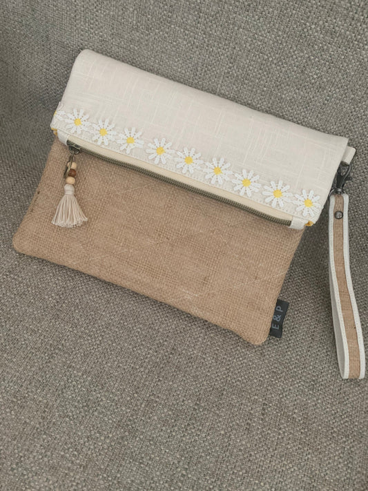 Burlap Harlequin design clutch with Ivory fabric with Daisy trim with wristlet