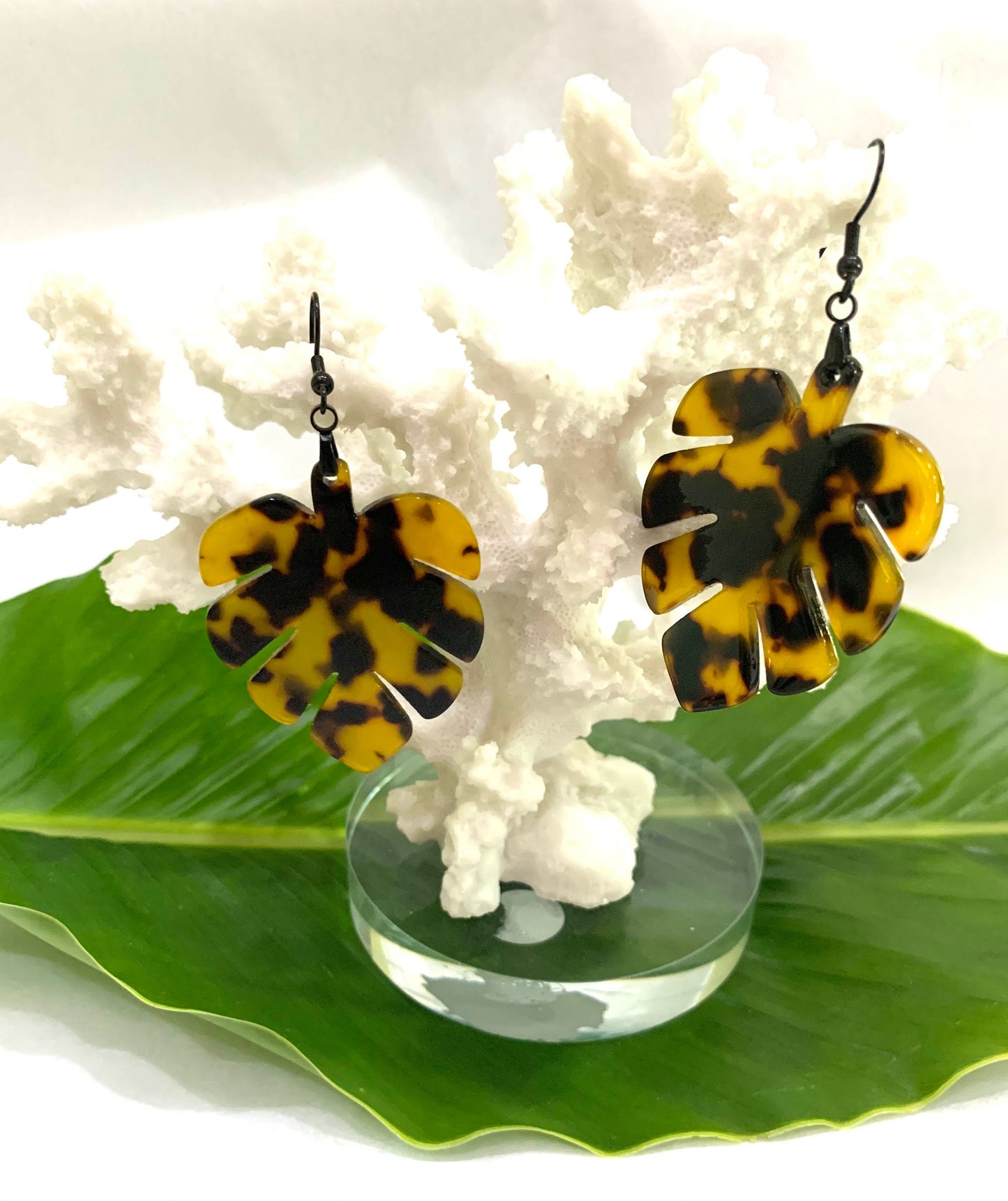 Monstera leaf earrings resin faux turtle shell acrylic large tropical leaf jewelry