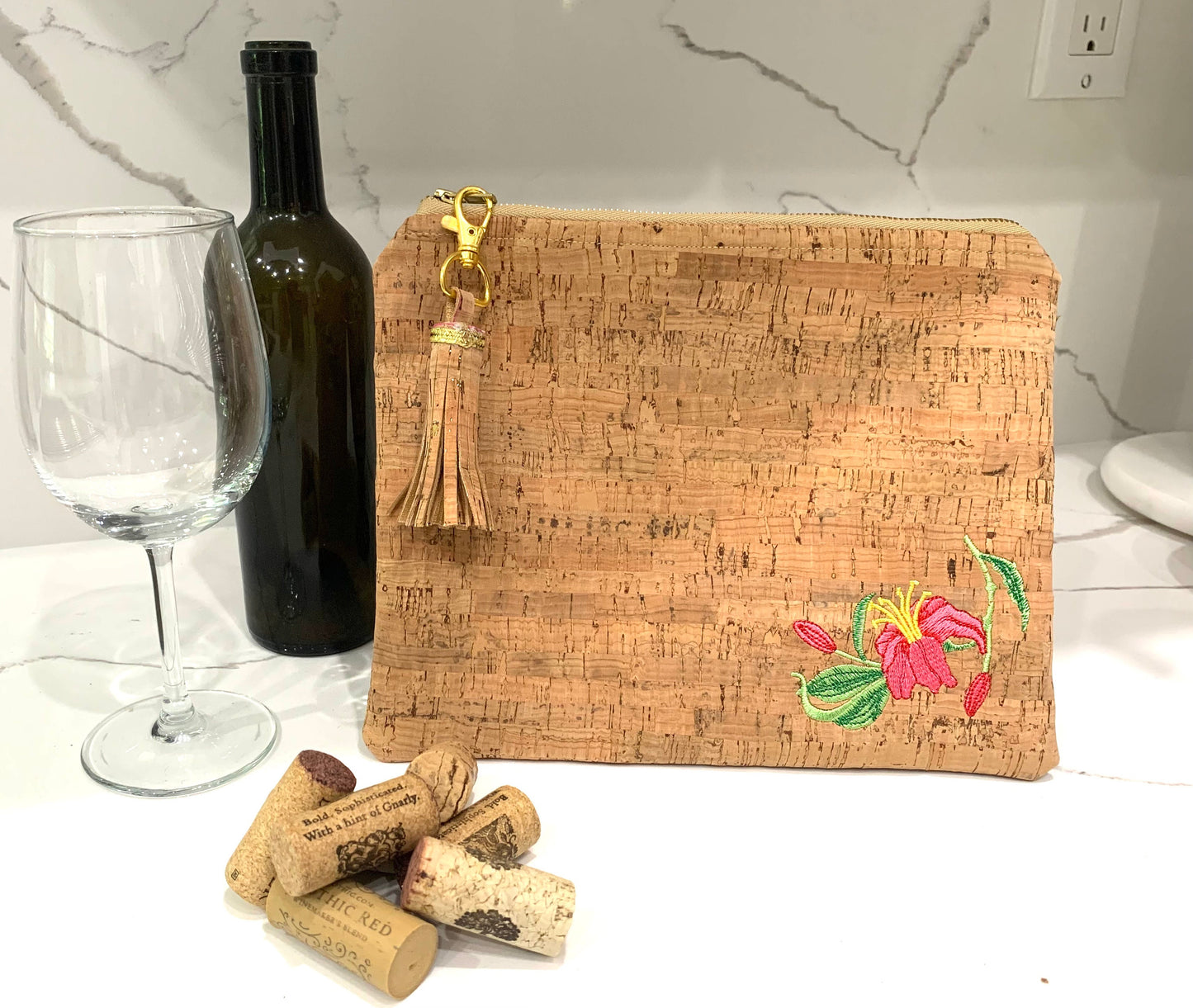 Cork clutch handbag purse vegan organic sustainable eco friendly tote woman plant lover hibiscus flower gift hand bag