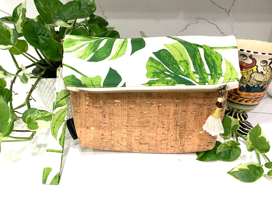 Monstera leaf bag with cork/ gold clutch handbag tote with wristlet. Trendy for evening out.