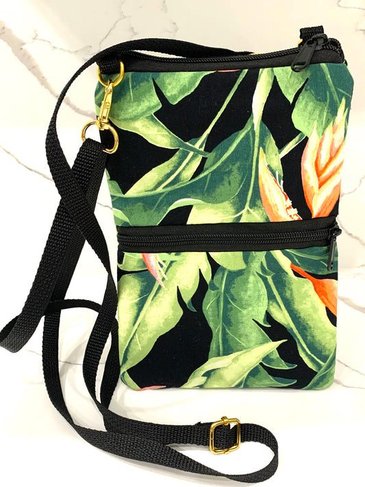 Tropical Heliconia Ginger leaf flower crossbody bag vegan organic sustainable eco friendly woman hands free shoulder bag