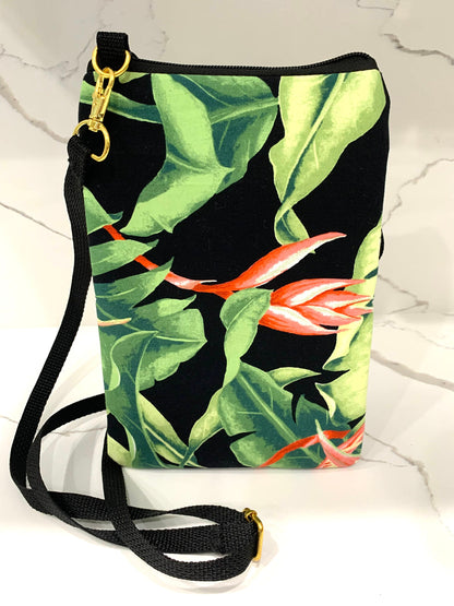 Tropical Heliconia Ginger leaf flower crossbody bag vegan organic sustainable eco friendly woman hands free shoulder bag