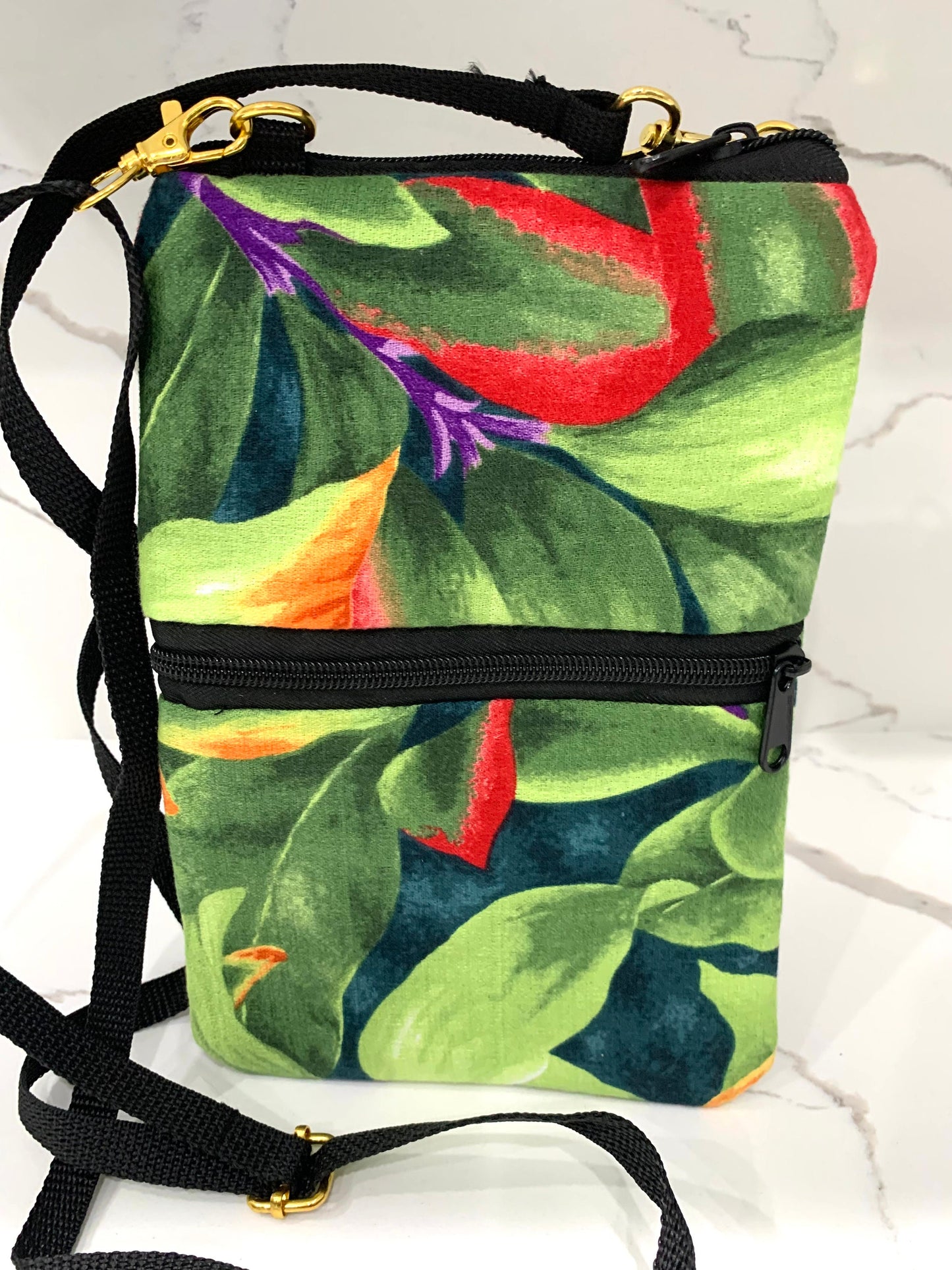 Tropical leaf flower crossbody bag vegan organic sustainable eco friendly woman hands free shoulder bag